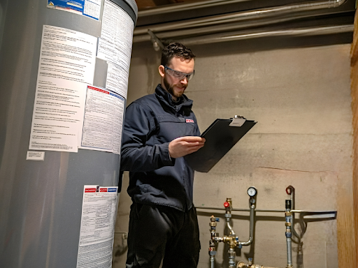 Battavio’s technician working on boiler replacement service and checkup in a basement