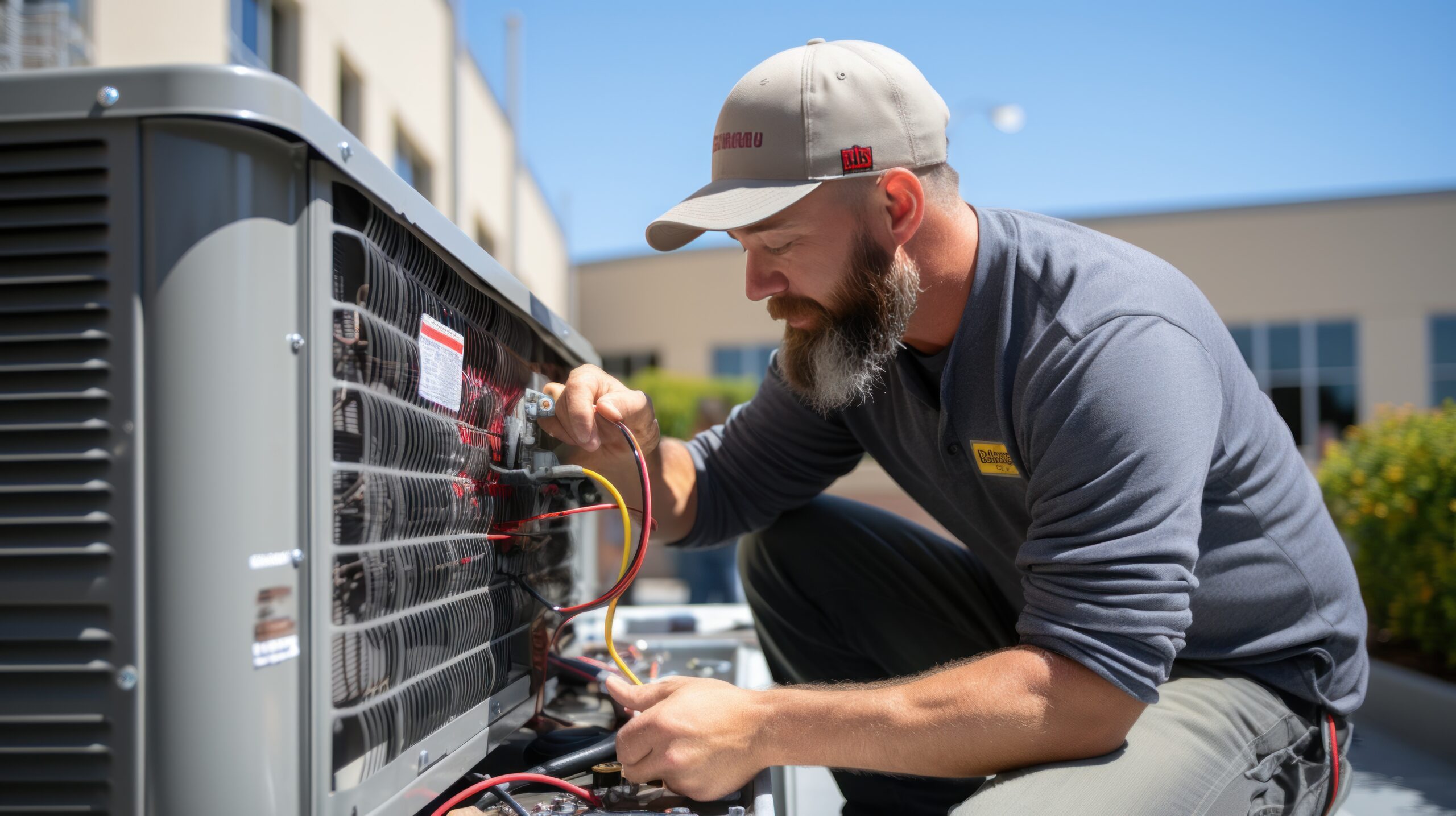 Technician performing emergency heating services on an outdoor residential HVAC unit in Chester County, PA.