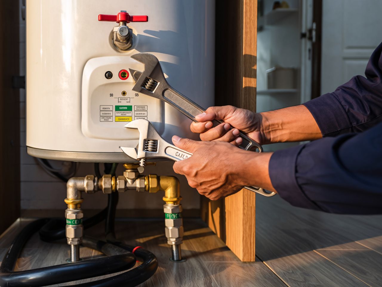 Chester County Plumber performing water heater maintenance with adjustable wrenches as part of routine water heater maintenance tips.
